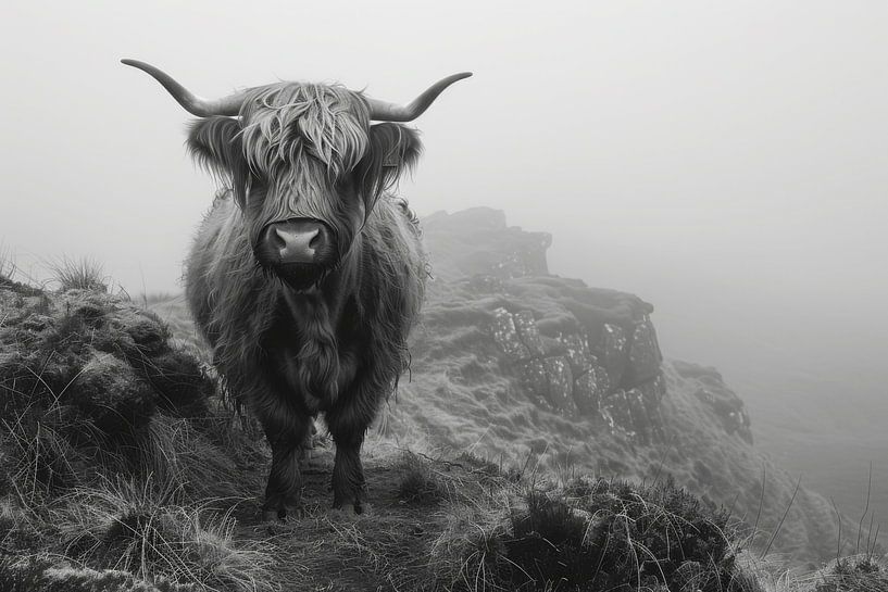 Scottish Highland cattle Mystical black and white photo art for nature lovers by Poster Art Shop