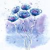 Schitterend aquarel schilderij, waterverf bloemen in blauw met lila van Emiel de Lange