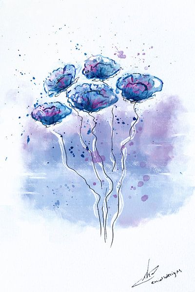 Veeg Succes Jachtluipaard Schitterend aquarel schilderij, waterverf bloemen in blauw met lila van  Emiel de Lange op canvas, behang en meer