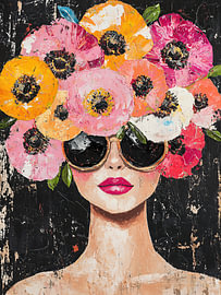 Velvet Ochre – Modern Pop Art Portrait with Sunglasses and a Fuchsia Anemone Crown by Egon Zitter
