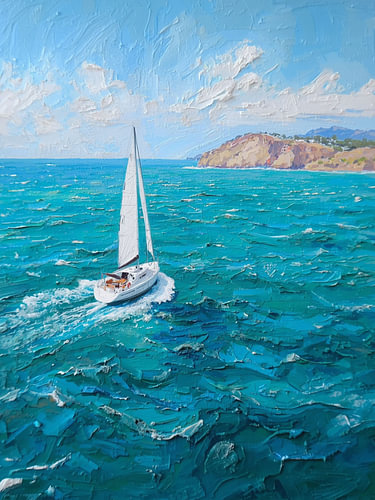Kunstwerk: Segelboot auf türkisfarbenem Meer