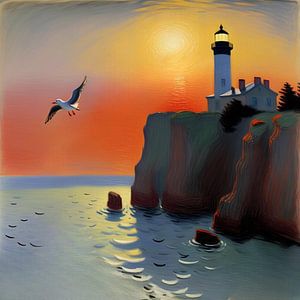 Phare sur la falaise au coucher du soleil sur Sunrise Group Germany