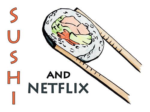 Sushi and Netflix (realistisch aquarel schilderij rijst zeewier lekker gezond eten voedsel)