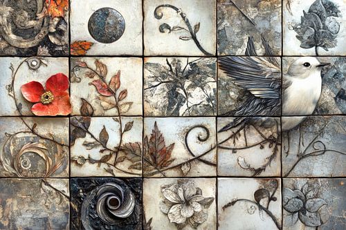 Elegante mix van retro en vintage met tegels bloemen en een vogel