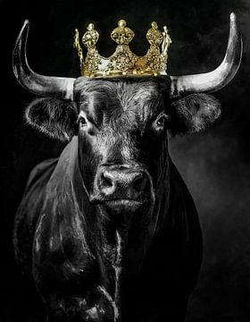 Koninklijke stier in zwart-wit met gouden kroon van John van den Heuvel