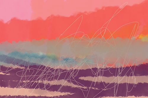 Paysage abstrait contemporain coloré en violet, rose néon et orange.