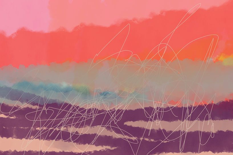 Paysage abstrait contemporain coloré en violet, rose néon et orange. par Dina Dankers