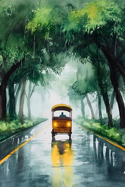 The rain and the yellow car rickshaw by Poster Art Shop