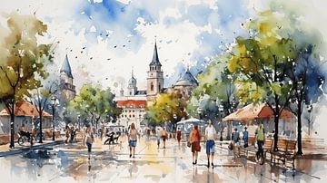 Abstract painting in the city with shopping mall people, house, street colour, watercolour art design by Animaflora PicsStock