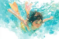 Fille nageant sous l'eau - peinture aquarelle en tons pastel