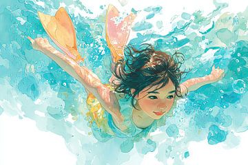 Meisje zwemt onder water – aquarel schilderij in pastel tinten van Peter Pen tekeningen en schilderijen