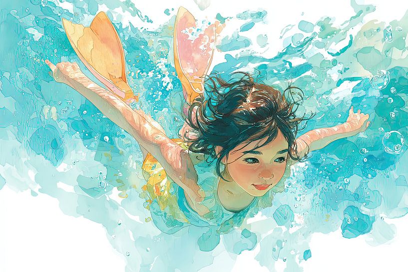 Mädchen schwimmt unter Wasser - Aquarellmalerei in Pastelltönen von Peter Pen Zeichnungen und Gemälde
