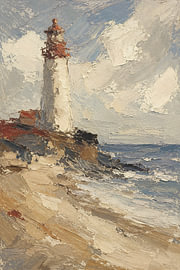 Lighthouse on the rugged coast (AI) (sea, ocean, thick paint, beach, waves, painting) by Natalie Bruns