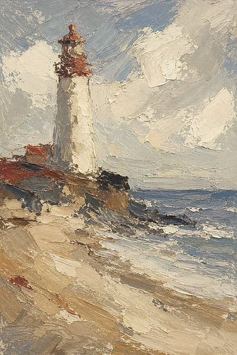 Vuurtoren aan de ruige kust (AI) (zee, oceaan, dikke verf, strand, golven, schilderij)