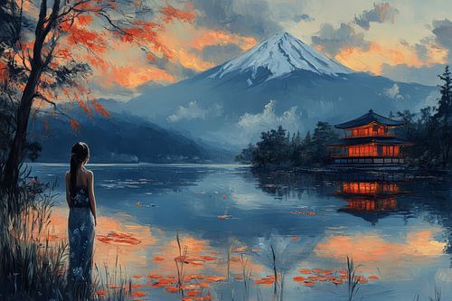 japans landschap met vrouw