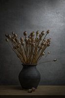 Stilleven met gedroogde papaver in een aardenvaas
