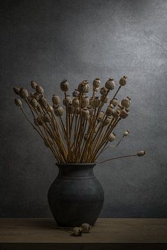 Stilleben mit getrocknetem Mohn in einer irdenen Vase von John van de Gazelle
