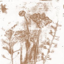 Abstract botanical art. Flowers in neutral pastel colors. Ocher on white. by Dina Dankers