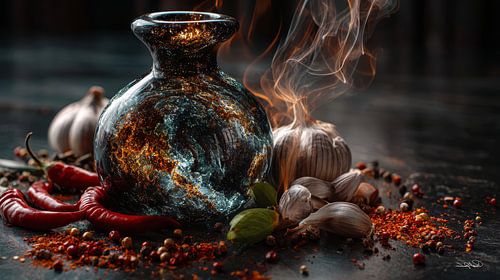 red peppers - garlic - lime - lemon on a black background with dramatic light