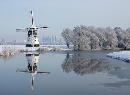Oude Windmolen langs het water met Rotterdam op de Achtergrond.