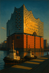 Elbphilharmonie bei Sonnenuntergang: Gläserne Wellen und Hafenschlepper
