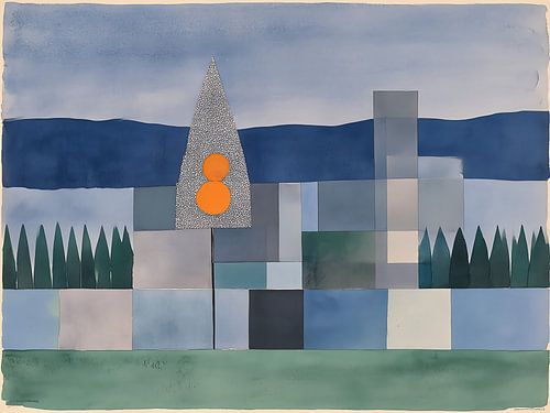 Abstrakte geometrische Landschaft mit Orangenbaum
