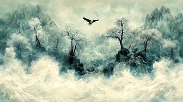 Adelaar boven een woeste rivier in een mystiek berglandschap van Frank Heinz