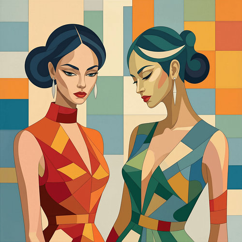 Modern portret van twee elegante vrouwen in geometrische stijl