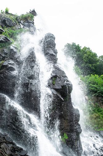 Üppig grüner Waldwasserfall mit seidigem Wasser und moosigen Felsen