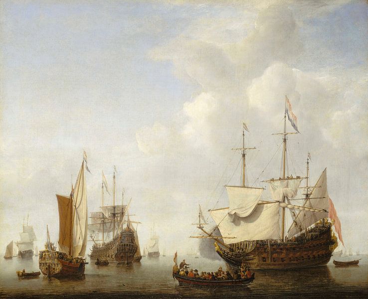 A Dutch flagship coming to anchor with a States yacht before a light air, Willem van de Velde the Yo by Masterful Masters
