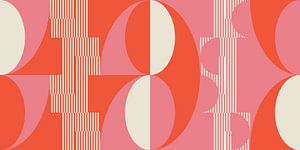 Geometrisches Retro-Kunstwerk mit Kreisen und Streifen in Rosa und Orange von Dina Dankers