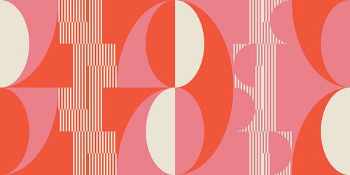 Retro geometrisch kunstwerk met cirkels en strepen in roze en oranje