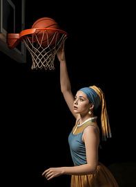 Het meisje met de parel dunkt de bal in het net