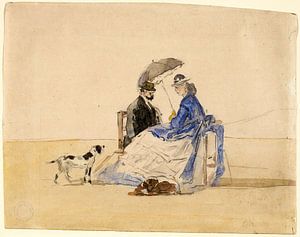  Ein Paar am Strand sitzend mit zwei Hunden, Eugène Boudin