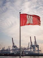 Hamburg Hafen Flagge - Hafenkräne Containerschiff