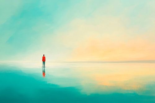 Eenzame figuur bij het water bij zonsopgang