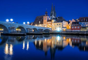 Donauoever in Regensburg op blauw uur