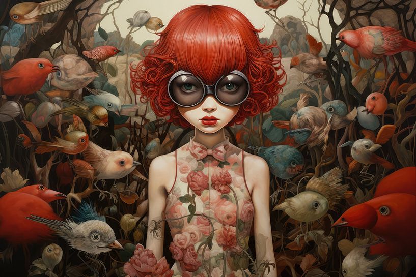 Abstract bizarre female portrait with unusual birds by Art Bizarre