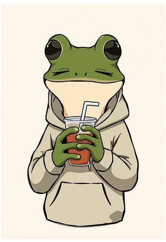 Décoration murale « Chill Frog » - Un adorable amphibien en sweat à capuche en train de boire du thé glacé