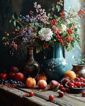 Colourful still life with flowers and fruit by Studio Allee