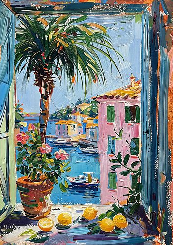 Henri Matisse Stijl Poster, Middellandse Zee, Open Venster, Pastel van Niklas Maximilian