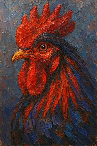 De chef van het kippenhok (schilderij haan rode en blauwe veren krachtig portret boerderijdier)
