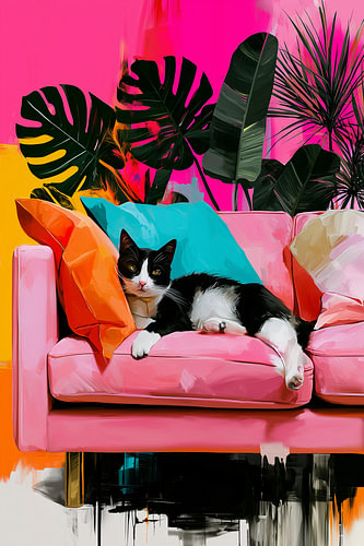 Katze auf der Couch, Tropisches Zimmer – Rosa