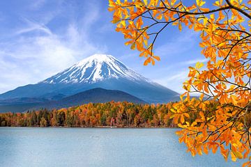 Het Shoji-meer met de majestueuze berg Fuji in de herfst van Melanie Viola