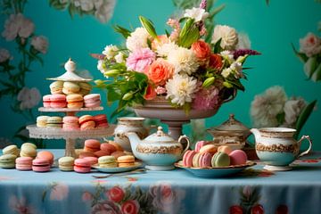 Stilleven in pastel, koffie, koekjes en bloemen van Joriali