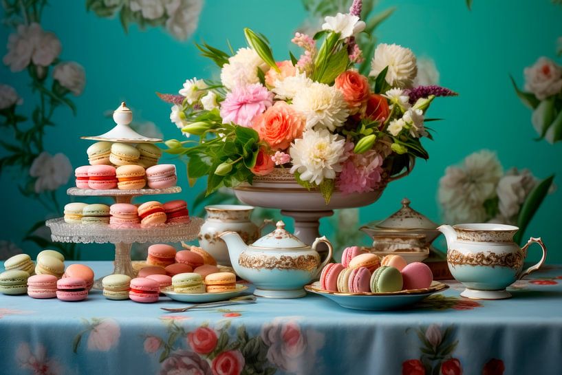 Macarons with Tea Set and Flowers - Cheerful Pastel Still Life by Joriali photography and paintings