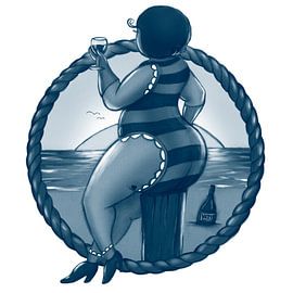 Fette Wuufs stoßen mit Wein am Meer an von Bianca van Duijn