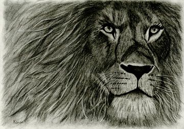 Dessin d'art du lion au fusain sur Karen van Gerner