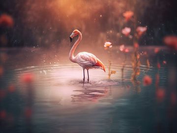 Flamingo in dromerig water van Eva Lee