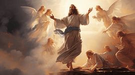 Gemälde von Jesus Christus in einem weißen Gewand mit Engel-Malerei-Aquarell-Kunstdesign